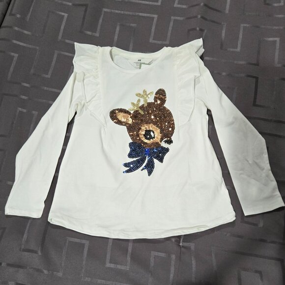 H&M NWT Girls 6X-7 Reindeer Ruffle Tee - Picture 2 of 4